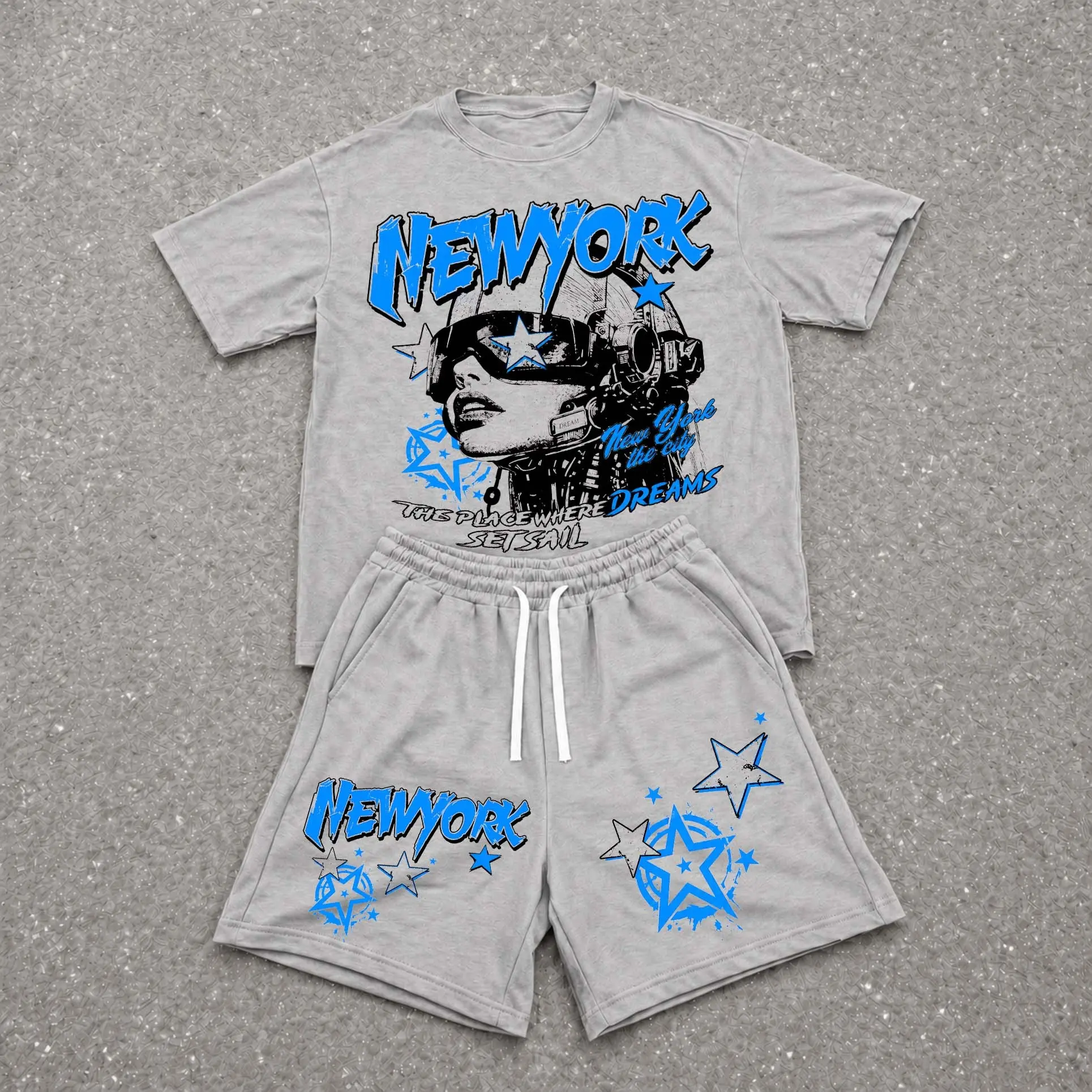 Men's 2-Piece Menswear Set - Round Neck Short-Sleeve Letter Print T-Shirt, Loose Cut Drawstring Outdoor Pants, Minimalist New York Hiphop Sporty Chic Style, Lightweight Breathable Comfortable Casual Athletic Outfit for Travel, Daily Wear