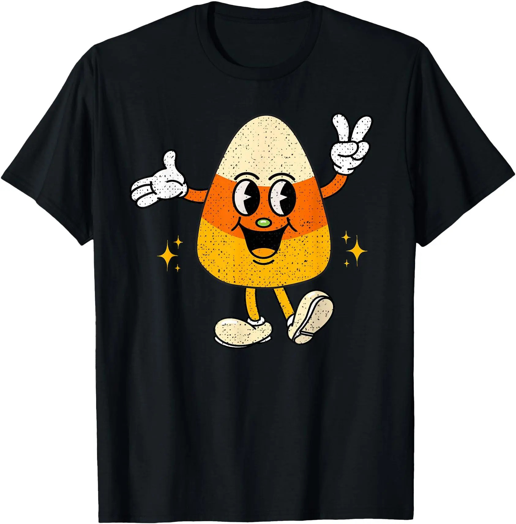Unisex Sizes Vintage Cartoon Candy Corn Halloween Graphic T-Shirt - Casual Crew Neck Short Sleeve Casual Wear, Retro Anthropomorphic Character Peace Sign Sparkle Print, Men's Halloween Costume Top