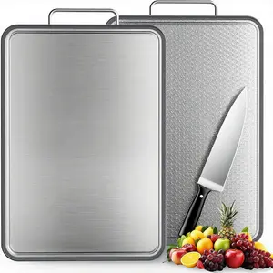 Double-Sided Stainless Steel Cutting Board for Kitchen, 17''×11'' Scratch-Resistant Cutting Board for Meat, Vegetables & Fruits, Rust-Resistant Chopping Board with Juice Groove on Both sides Knives