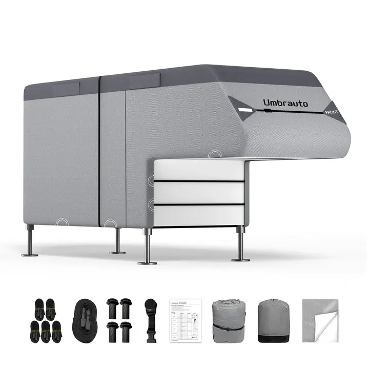 Truck Camper Cover : Slide-in Pickup Truck Trailers RV Cover, Waterproof Cabover Camper Cover, Windproof Straps, Adhesive Patch for All Seasons