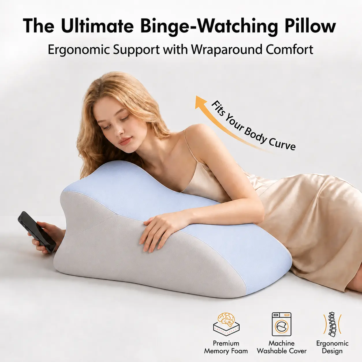 Ergonomic Face Down Reading Pillow, Cooling Memory Foam Cushion for Phone Use, Supportive Bolster Pillow for Neck, Back and Leg Support, Soft Removable Cover, Multi-Purpose Bed Sofa Relax Pillow