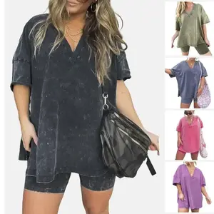 Women Washed 2 Piece Set Lounge Set Oversized Tops Biker Shorts V Neck Drop Shoulder Comfy Casual Clothing Basic Womenswear Suits Overalls  pjs loungewear loosewearGift