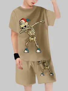 Boys' Dab Dance Skull Set, Fun Summer Cool Casual Short Sleeve Shorts Two-Piece, Fitted Random Print