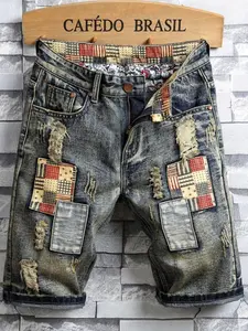 Men's Patchwork Denim Shorts, Casual Ripped Shorts, Casual Street Fashion Shorts for Summer, Men's Bottoms for Daily Wear