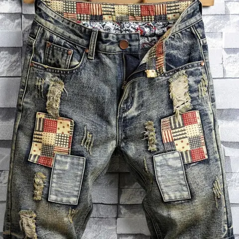 Men's Patchwork Denim Shorts, Casual Ripped Shorts, Casual Street Fashion Shorts for Summer, Casual Fashionable Shorts, Men's Bottoms for Daily Wear