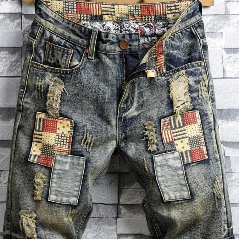 Men's Patchwork Denim Shorts, Casual Ripped Shorts, Casual Street Fashion Shorts for Summer, Casual Fashionable Shorts, Men's Bottoms for Daily Wear