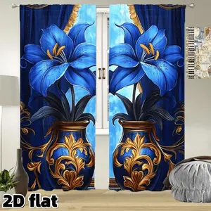 2D Flat 2Pcs Elegant Blue Lily Floral Print Curtains Home Decoration Curtain Royal Navy Gold Vase Pattern Rod Pocket Design Semi Sunshade Polyester Living Room Bedroom Kitchen Window Treatment Panels Home Decor Privacy Protection