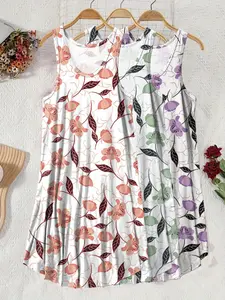 3-Piece Plus Size Women's Casual Floral Leaf Print Tank Top and Skirt Set, Comfortable Home Wear, Stylish and Trendy