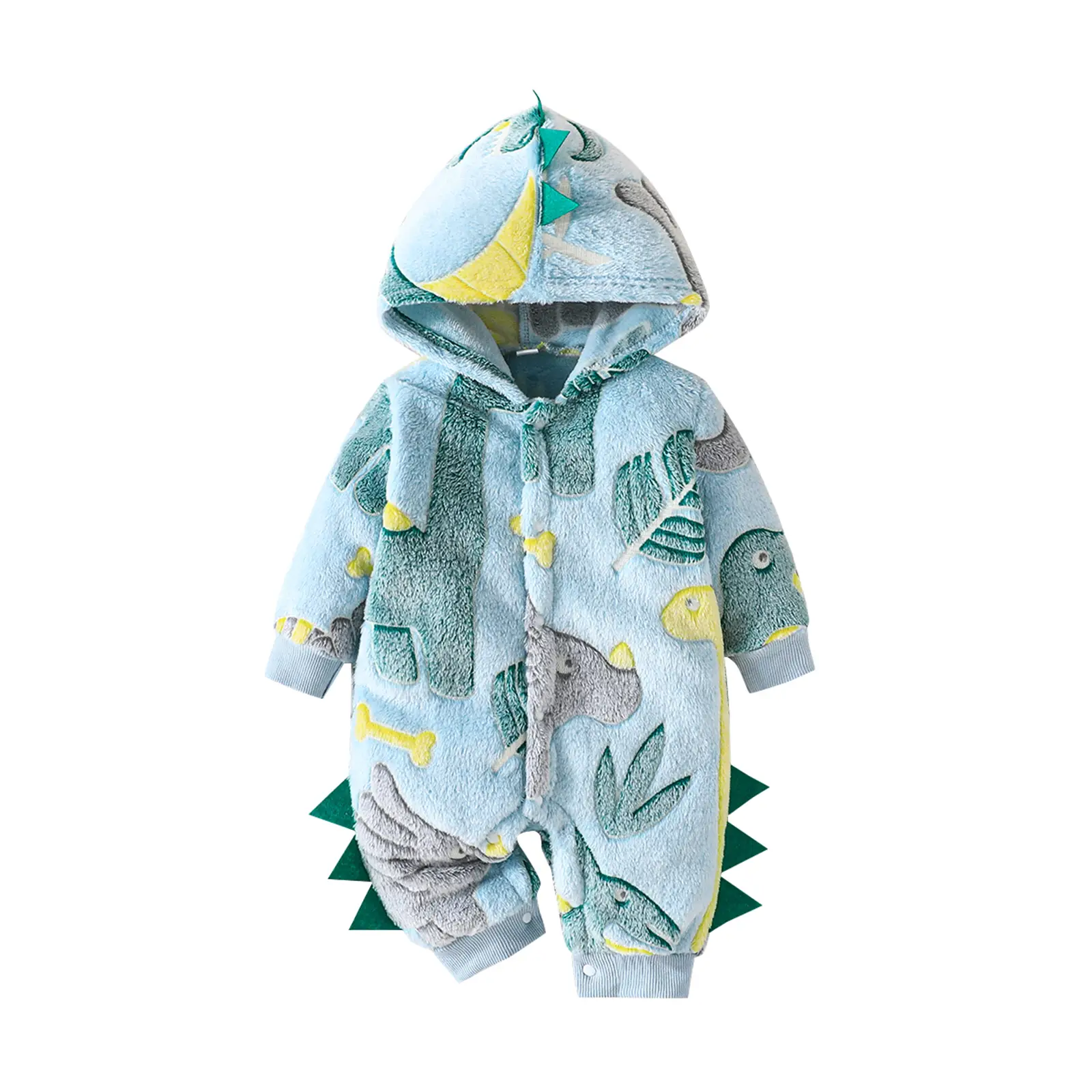 Baby Boy Plush Hooded Romper Casual Dinosaur Pattern Front Button Long Sleeve Jumpsuit for Infant Toddler Fall Outfit