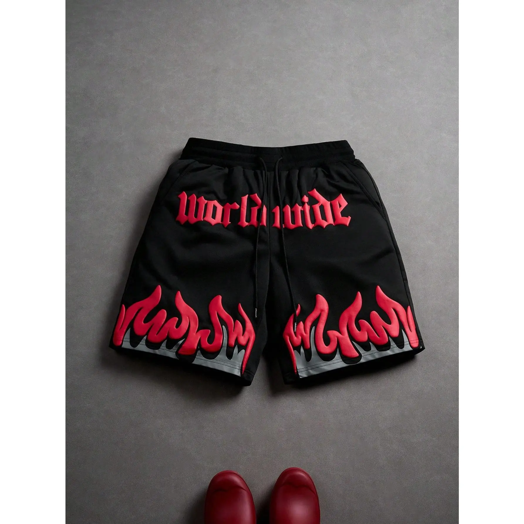 Men's Casual Summer Flame & Letter Print Shorts, Black Graphic Shorts, Red Flame Shorts