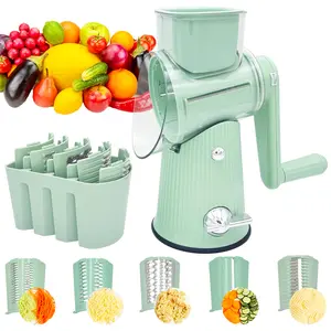 Round Rotary Cheese Grater with Handle, with 5 Well-Designed Blades and Strong Suction Cup Base, Mandoline Slicer and Vegetable Grater Rotary Kitchen Utensils Set