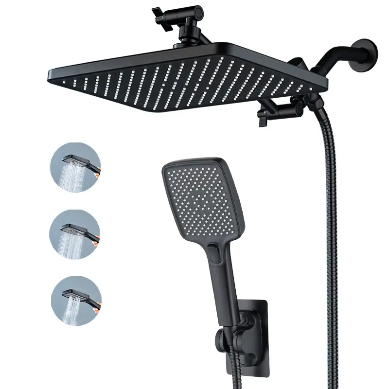 Chrome Silver High-Pressure Flow Shower Heads Set - Upgraded 11.8-in Rain Shower Head, 3-Setting Handheld, 9.65-in Metal Arm, 59-in Hose, Holder, 3-Way Diverter, Leak-Proof Washer, Teflon Tape Bathroom Fixtures