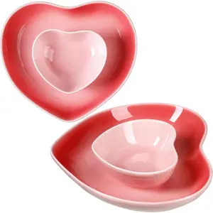 2 Set Heart Shaped Bowls and Plates Set Ceramic Valentine Dinnerware Dish Bowls Dinner Salad Dessert Appetizer Plates for Valentine Wedding Anniversary Baking Kitchen Party Supplies(Pink)