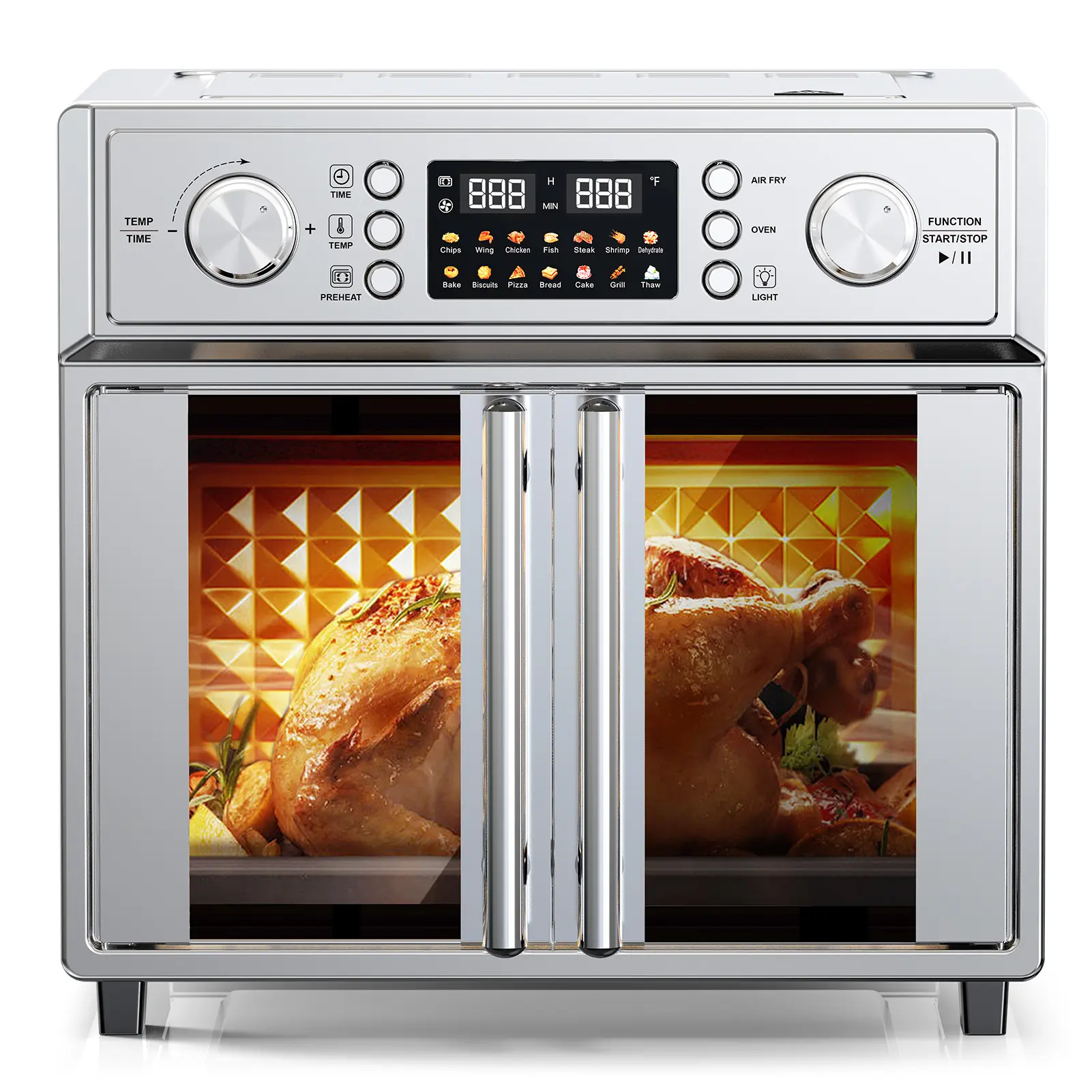 PlumChef 27.5QT French Double-Door Countertop Heavy Duty Oven - 1700W Programmable Convection Unit, 14 Preset Menus, 7-in-1 Multifunction (Bake, Roast, Grill, Toast, Dehydrate, Defrost), Stainless Steel Silvery Kitchen Appliance