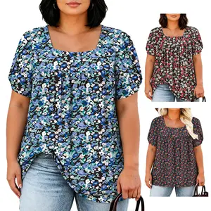 Plus Size Summer Tops for Women Floral Loosefit Petal Sleeve Tunics Lightweight Stretchy Flowy Front Pleated Blouses T-Shirts  XL-5XL VPS0119