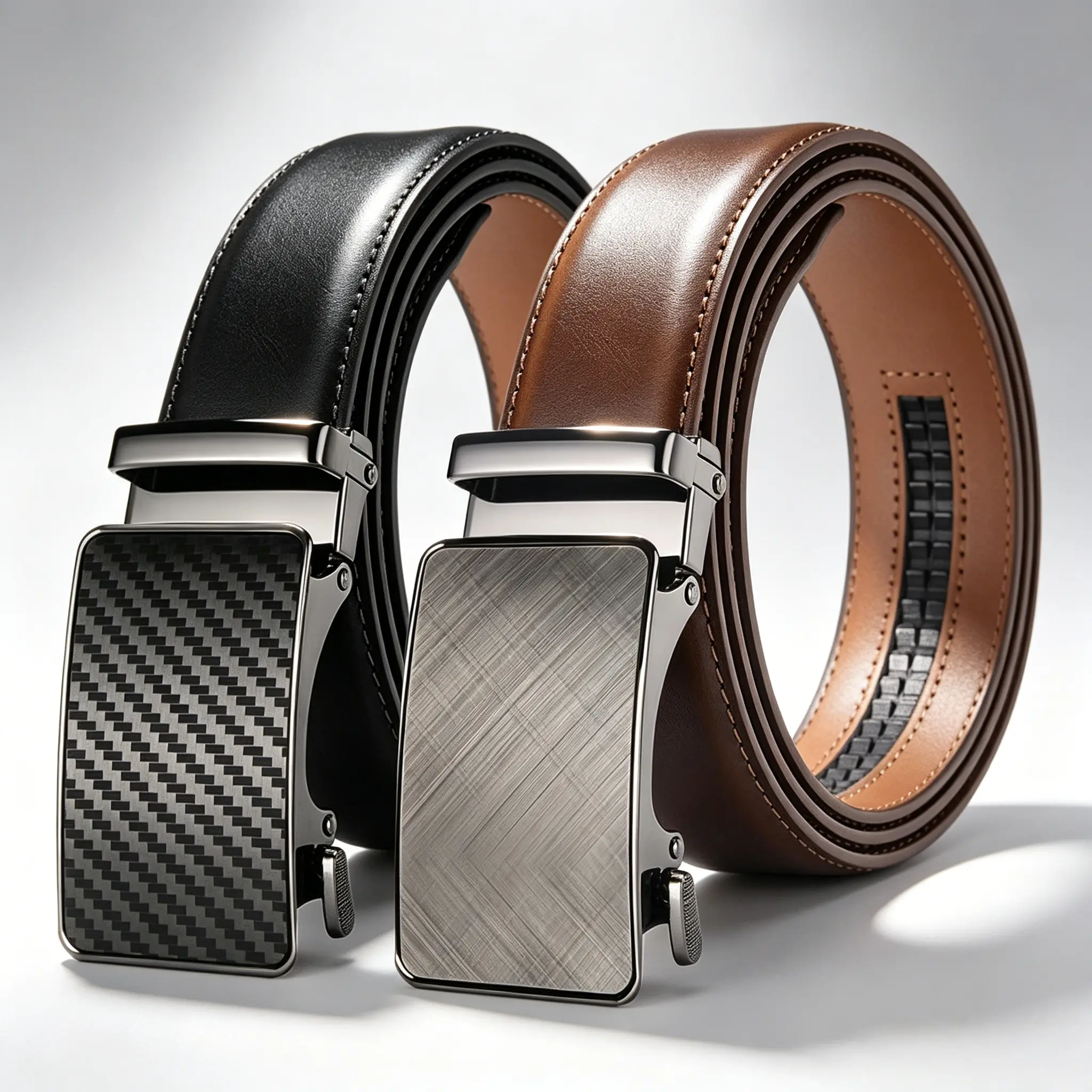 Men's 2-Pack Synthetic Leather Click Ratchet Belt - 1-Click Quick Release Automatic Buckle, No-Hole Custom Fit for Casual/Work Outfits, Thoughtful Holiday Gift, Thoughtful Gift