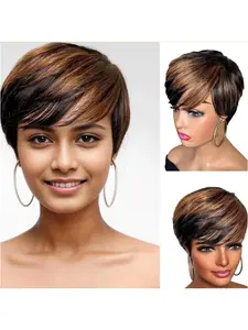 Highlight Brown Pixie Cut Wig Human Hair,Short Pixie Wigs for Black Women Layered Short Haircut Glueless Wig with Bangs (1B/30#)