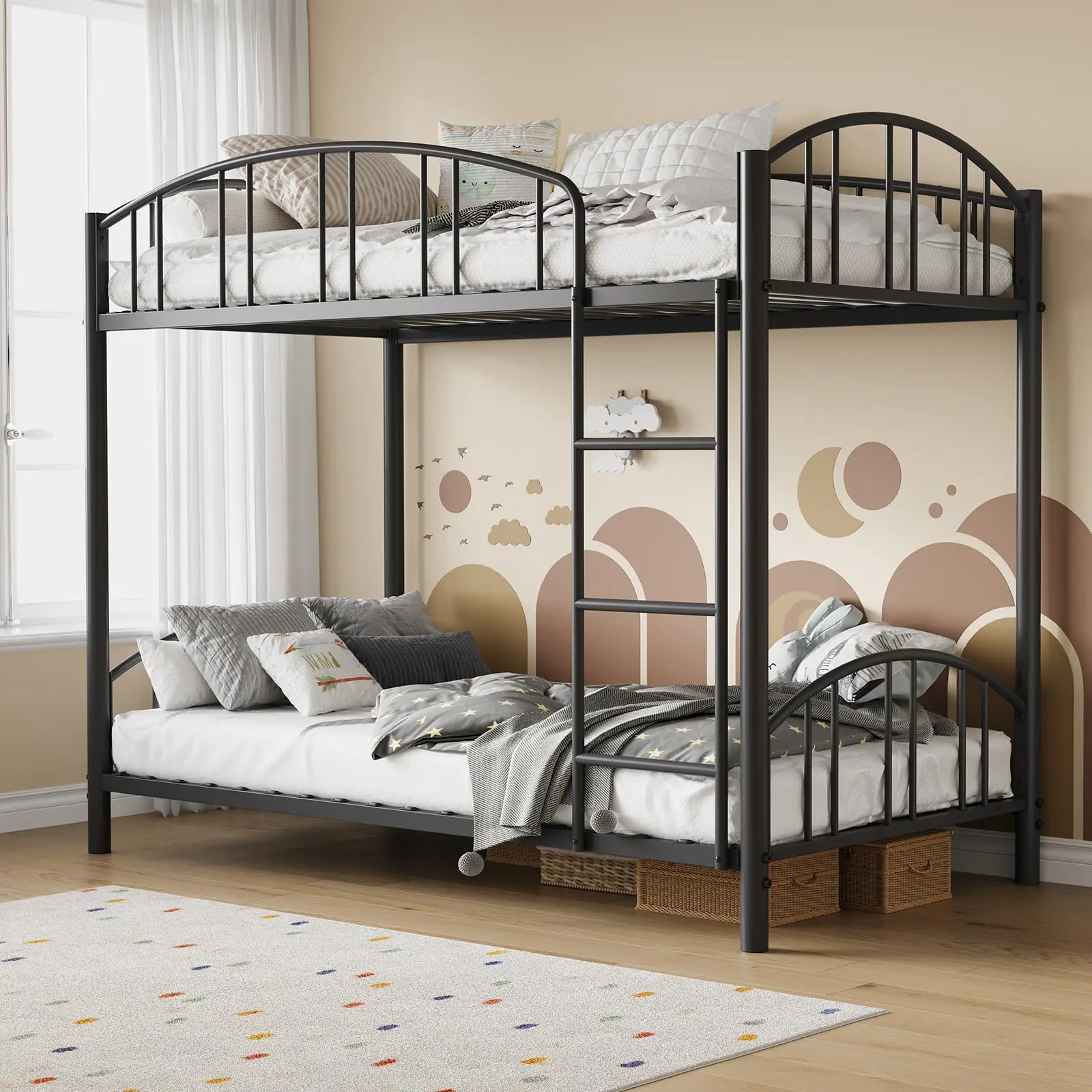 Metal Bunk Bed Twin Over Twin, Heavy Duty Bunkbeds Frame with Arched Guardrail and Safety Ladder, Sturdy Steel Bed for Kids Boys Girls Heavy Duty Twin Over Twin Bunk Bed