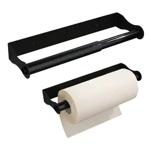 Stainless Steel No Drill Wall Mounted Paper Towel Holder, Square Black Waterproof Roll Holder for Kitchen Bathroom Countertop Organization, Rust Proof Towel Rack and Cling Film Dispenser