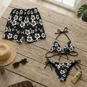 [Hot Summer 2026] - Hawaiian Shorts & Bikini Set – Summer 2026 Couple Matching Black Floral Swimwear