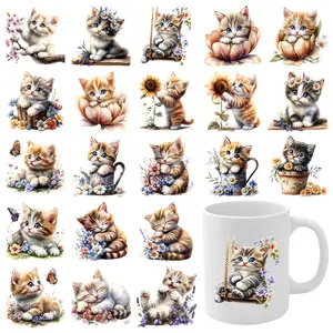 21 Pcs Cute Kitten UV DTF Stickers UV DTF Transfer Stickers for Glass Cups Cups Decoration DIY Water Bottle Glass Suitable for 16 oz Glass Waterproof Rub on Transfers clock