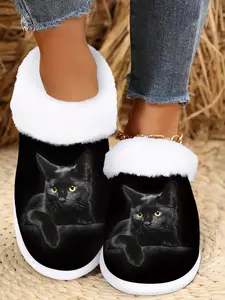 Women's Cat Print Indoor Slippers, House Slippers, Soft Flannel Upper, Plush Lining, Non-Slip Rubber Sole, Cozy Winter Shoes for Home