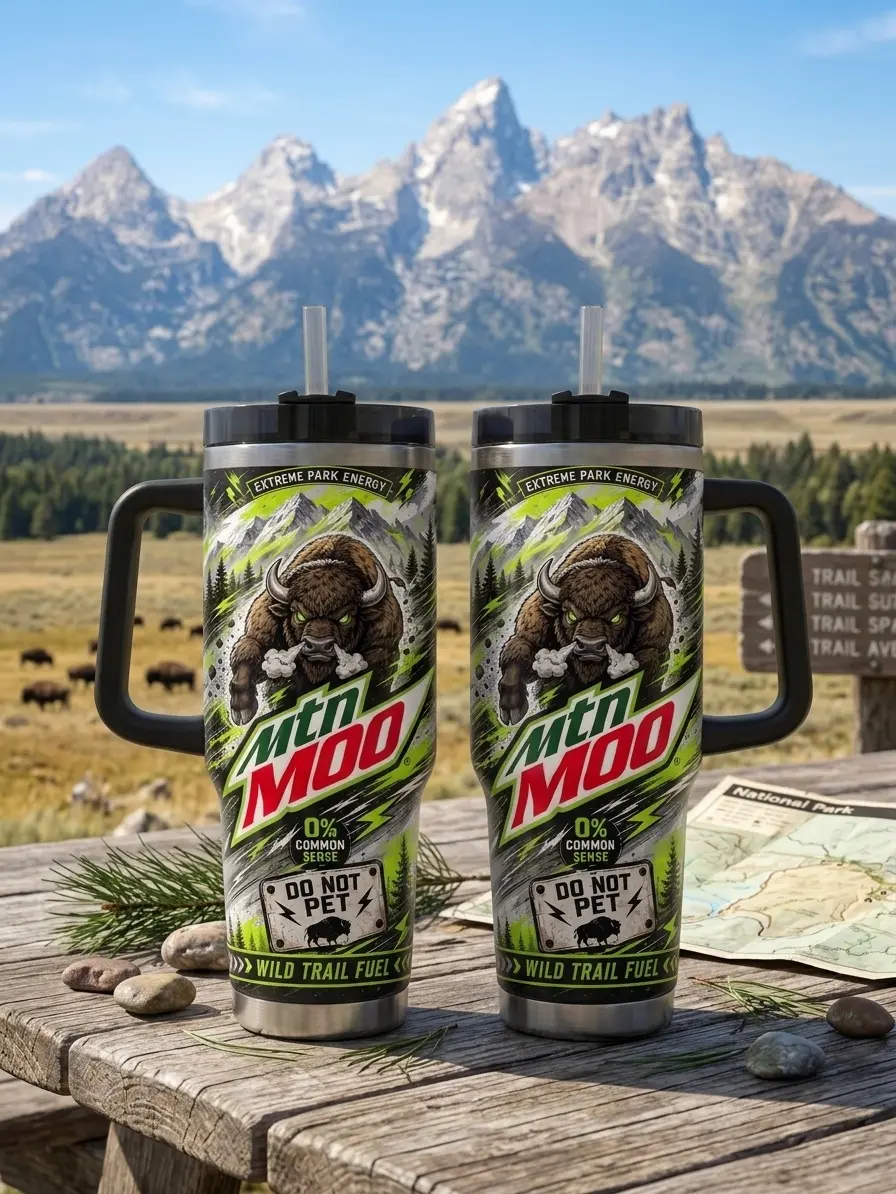 Mtn Moo Wild Trail Bison Adventure Insulated Stainless Steel Tumbler - 30oz/40oz, Portable Mountain-Style Travel Mug with Lid, Camping Hiking Home Supplies Gift Drinkware, Insulation, Printed