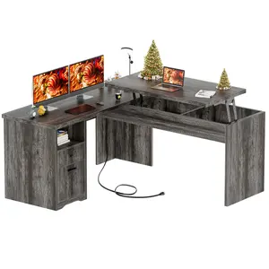 Homieasy L Shaped Computer Desk with Drawer, Lift Top Office Desk with Power Outlets and USB Charging Ports, Large Corner Desk Writing Table with Storage, L Shape Standing Desk