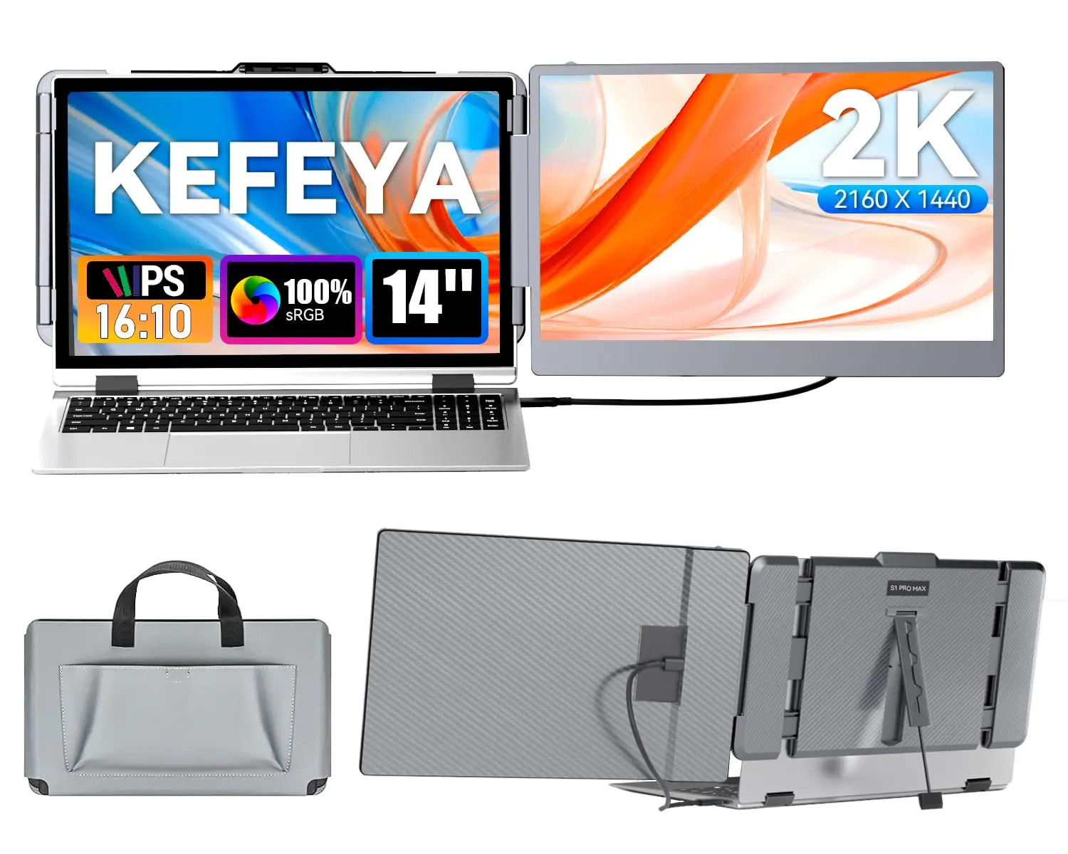 KEFEYA Laptop Screen Extender 2K, 2160x1440 QHD Laptop Monitor Extender Dual Screen, 14” Portable Monitor for Laptops 13-17" with USB-C/HDMI Port, Plug n Play for Windows/Mac/Android/Switch/PS5 tiktokshopbacktoschool