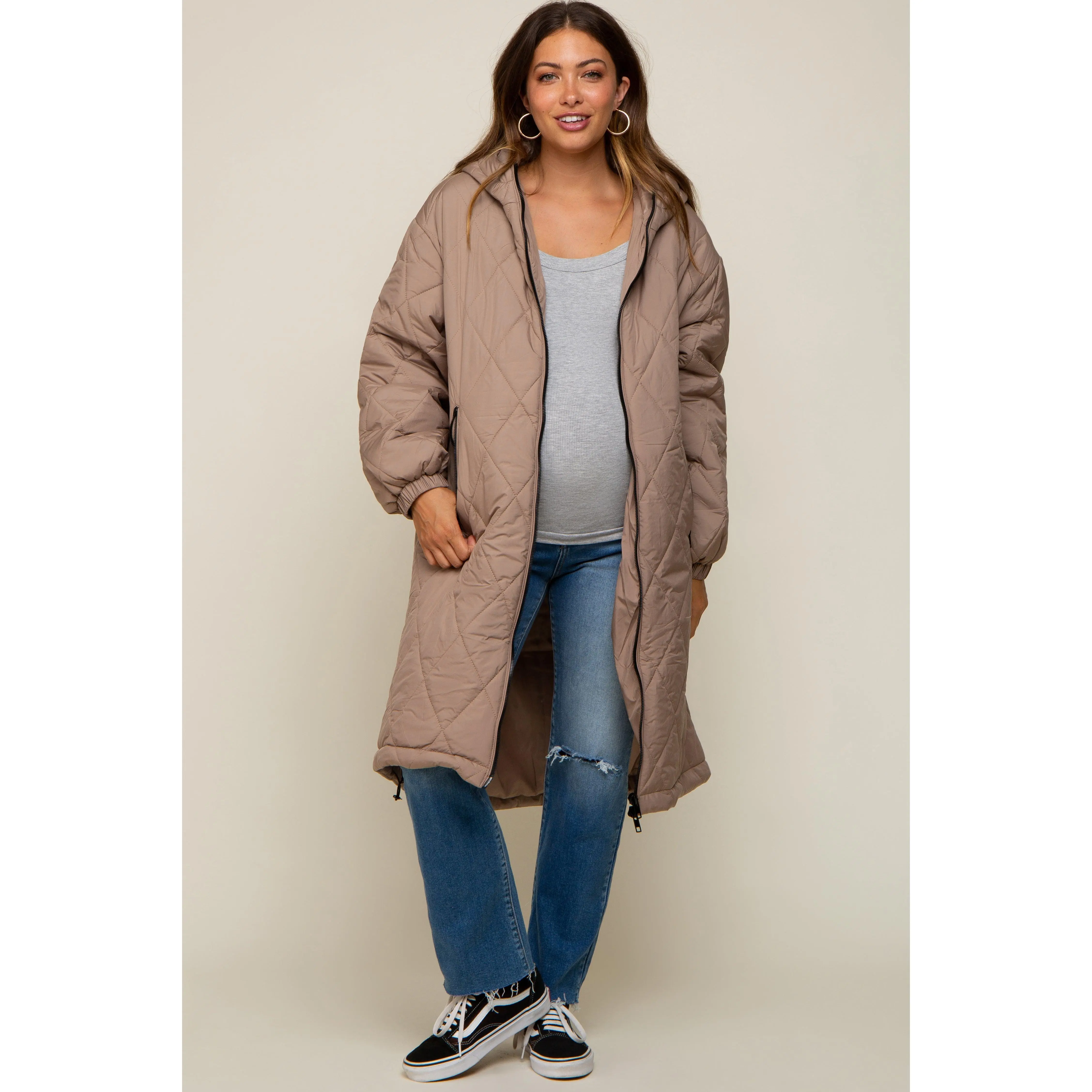 Light Taupe Quilted Long Maternity Puffer Jacket