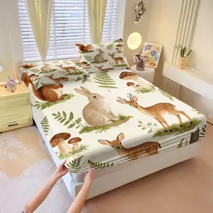 3Pcs Watercolor Nature Printed Fitted Sheet Set, High Elastic Deep Pocket, Soft & Breathable, Washable & Fade Resistant, Great for Bedroom Decor, Ideal Gift for Nature Lovers