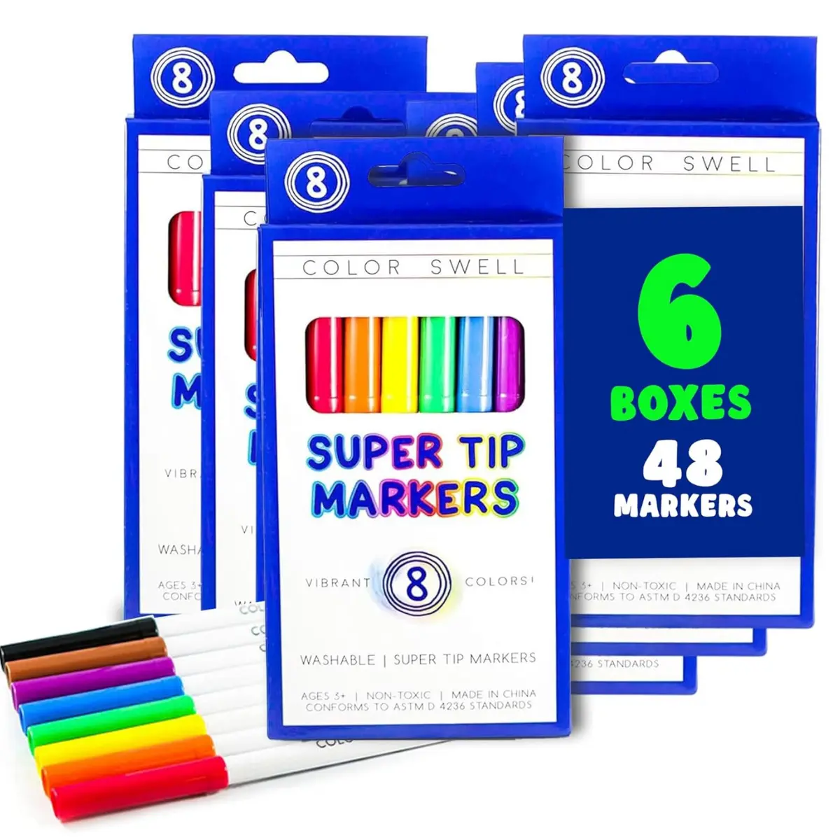 Color Swell Super Tip Markers 6 Boxes of 8 Washable Vibrant Colors (48 Total) Perfect Bulk Marker Pack for Kids, Home School , Excellent Gifts  for Birthday, Halloween Art Supplies Gift Set, Christmas Gift.