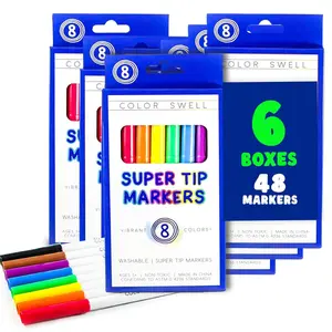 Color Swell Super Tip Markers 6 Boxes of 8 Washable Vibrant Colors (48 Total) Perfect Bulk Marker Pack for Kids, Home School , Excellent Gifts  for Birthday, Halloween Art Supplies Gift Set, Christmas Gift.