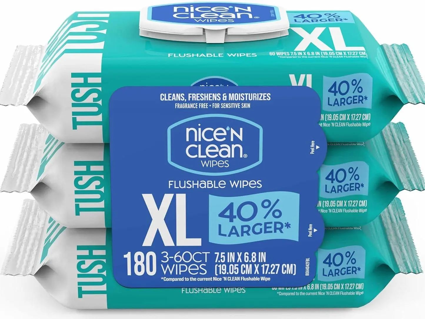 Nice 'N CLEAN Extra Large Flushable Wipes | 40% Larger Wipes | 6.8" x 7.5" Unscented XL Adult Wet Wipes | Septic and Sewer Safe | Fragrance Free, Hypoallergenic, Plant Based | 180 Butt Wipes