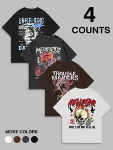 4-Pack Gothic Skull & Streetwear Graphic Short T-Shirts | Dark Punk Casual Tees Set