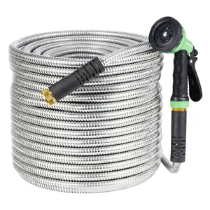 25FT Heavy Duty Stainless Steel Garden Hose, Flexible Kink-Free Metal Water Hose with 10-Function Leak-Proof Spray Nozzle, Sturdy Brass 3/4" Connectors