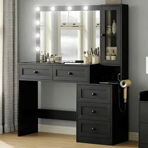 43'' Farmhouse Makeup Vanity Desk with Charging Station, Big Modern Lighted Vanity Table 3 Lighting Modes Adjustable Brightness, Dressing Table for Bedroom with 5 Drawers & Storage Shelves, Black