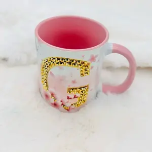 Mug Initial y Decoración - Pink Drinkware with Gold Lettering and Decorative Elements mother day Washable Reusable Ceramic Coffee