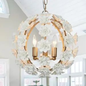 century Modern 3 Lights Orb Chandeliers Art Decor Handmade Ceramic Flower LED Pendant