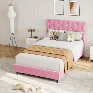 Garvee Pink Twin Bed Frame with Upholstered Headboard, Heavy-Duty Platform Bed Frame with Strong Wood Slats, No Box Spring Needed/Noise Free/Easy Assembly