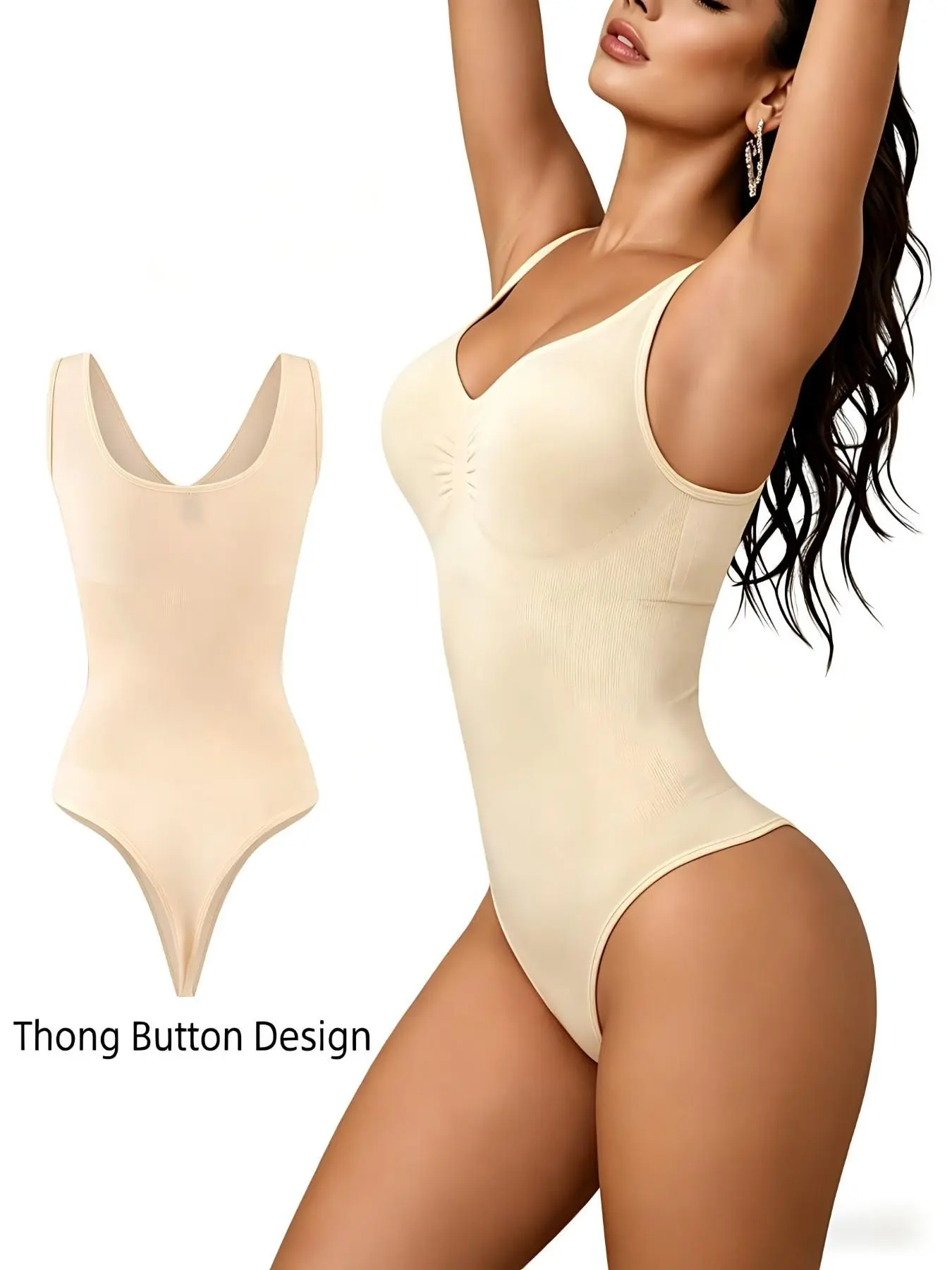 Women's Seamless Smooth V-Neck Compression Shapewear Bodysuit, Sleeveless Waist Cincher, Invisible Padded Shapewear, Full Body Tummy Control, Fashionable Bralette