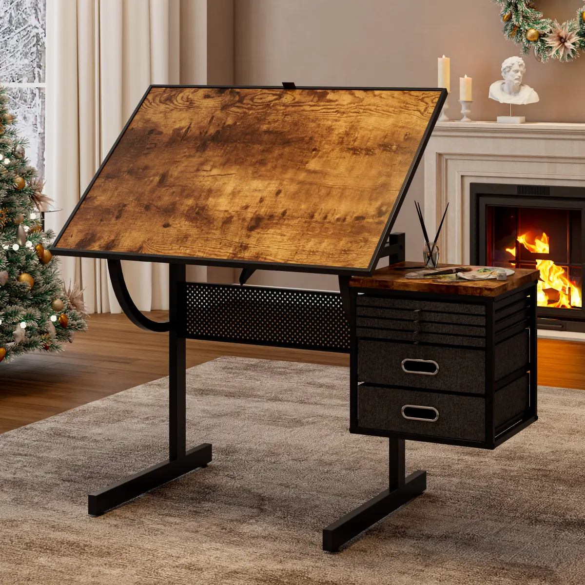 Commercial Office Angle-Adjusted Jigsaw Puzzle Drafting Table - 0-75 Degrees, Adaptable Legs, 4 Felt Trays, 2 Storage Drawers, 1500-Piece Capacity, Black & Brown, Ideal for Adults' Birthday & Anniversary Gifts
