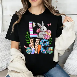 Men Comfortable Versatile Everyday Easter Bunny Love Pattern Printed T-Shirt White Crew Neck Casual Tee For Women Festival Party Wear Easter Gifts