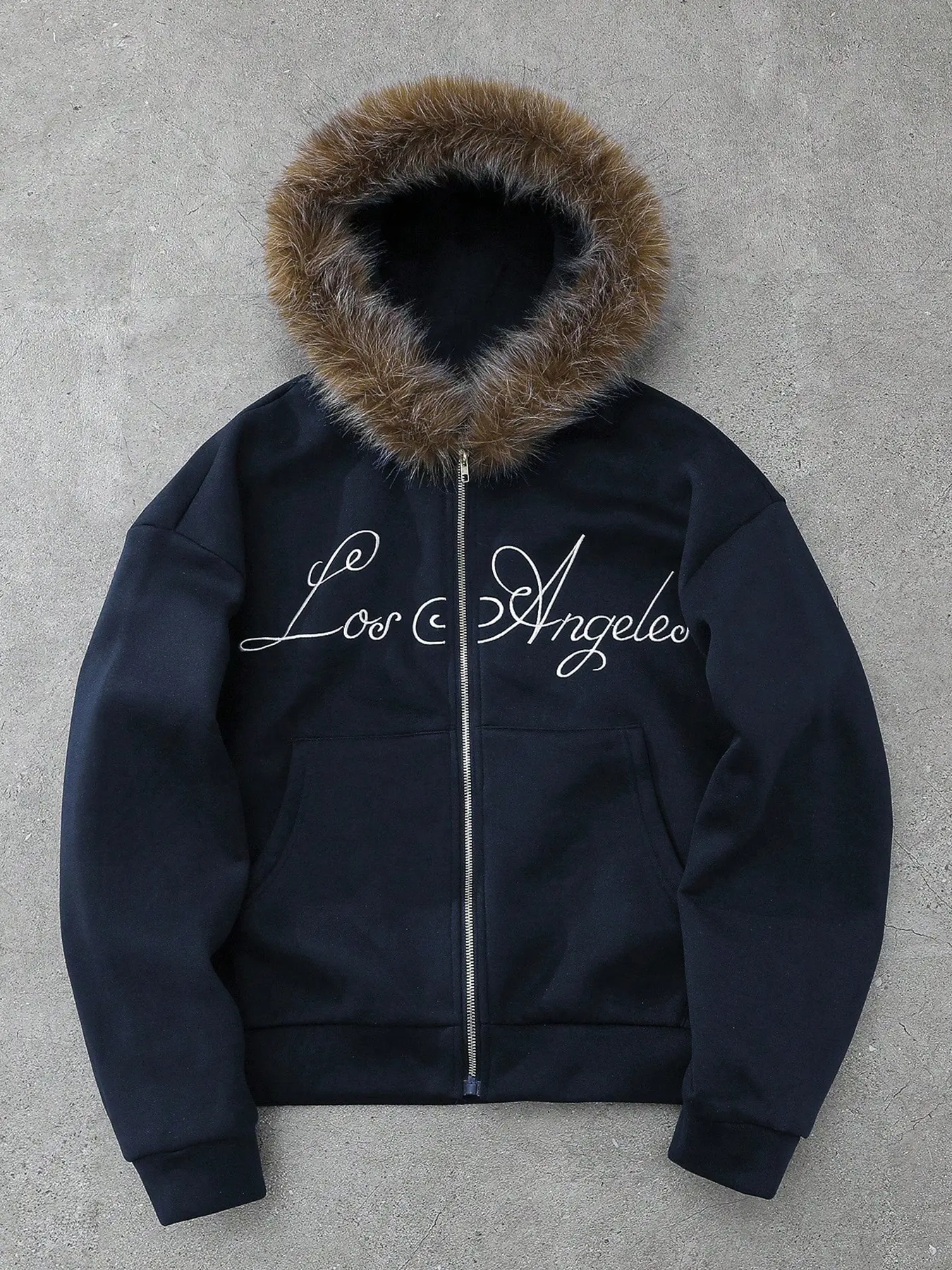 Cozy Soft Winter Oversize Zip Up Hoodie | Black Faux Fur Hooded Long Sleeve Sweatshirt with LA Embroidered Graphic Embroidery | Trending Y2K Street Style Thick Jacket Aesthetic Oversized Casual Fitted