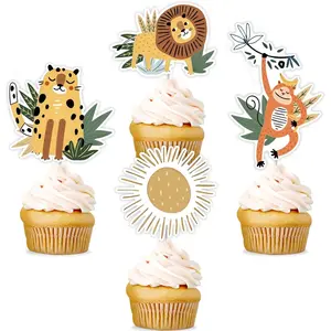 24pcs Jungle Safari Animal Cupcake Toppers Boho Wild Animal Cupcake Picks Decoration Retro Jungle Safari Boho Theme Baby Shower Birthday Party Supplies