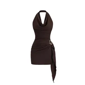 Women's Sexy Halter Neck Backless Mini Dress - Cowl Neck Bodycon Summer Dresses, Sleeveless Ruched Party Club, Elegant Ruched Date Night Going Out Outfits with Drape Detail Mature & Classy Party Clubwear for Women