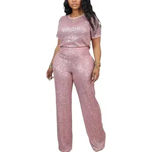 Summer Women's Sequin Two Piece Outfits Glitter Sparkly Tops Pants Suit Set Jumpsuit for Party Disco Birthday