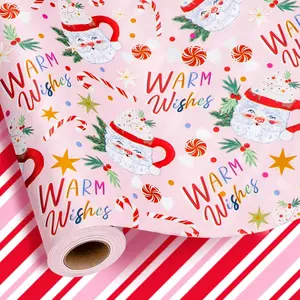 Reversible Christmas Wrapping Paper Roll,  Wrapping Paper for Girl, Cute Santa Claus Cup and Stripe Girly Chrsitmas  Wrap for Holiday, Party Celebration (Mini Roll, 17 Inch X 33 )