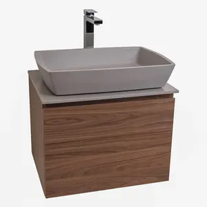 Venice 23.5 Walnut Wood Texture Cabinet, Solid Surface Flat Grey Counter And Square Solid Surface Grey Basin 1316, Wall Mounted Modern Vanity Set Sink Bathroom