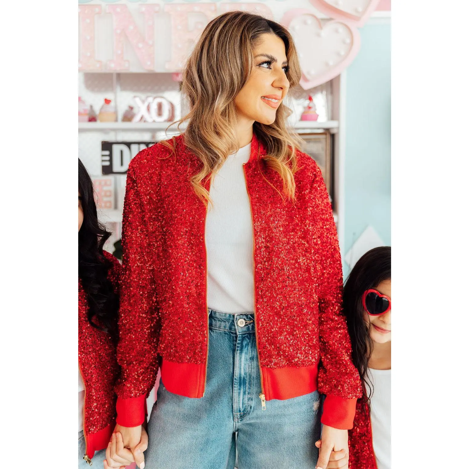 Women's Red Sequin Coat, Polyester Fabric, Everyday Fit Jacket